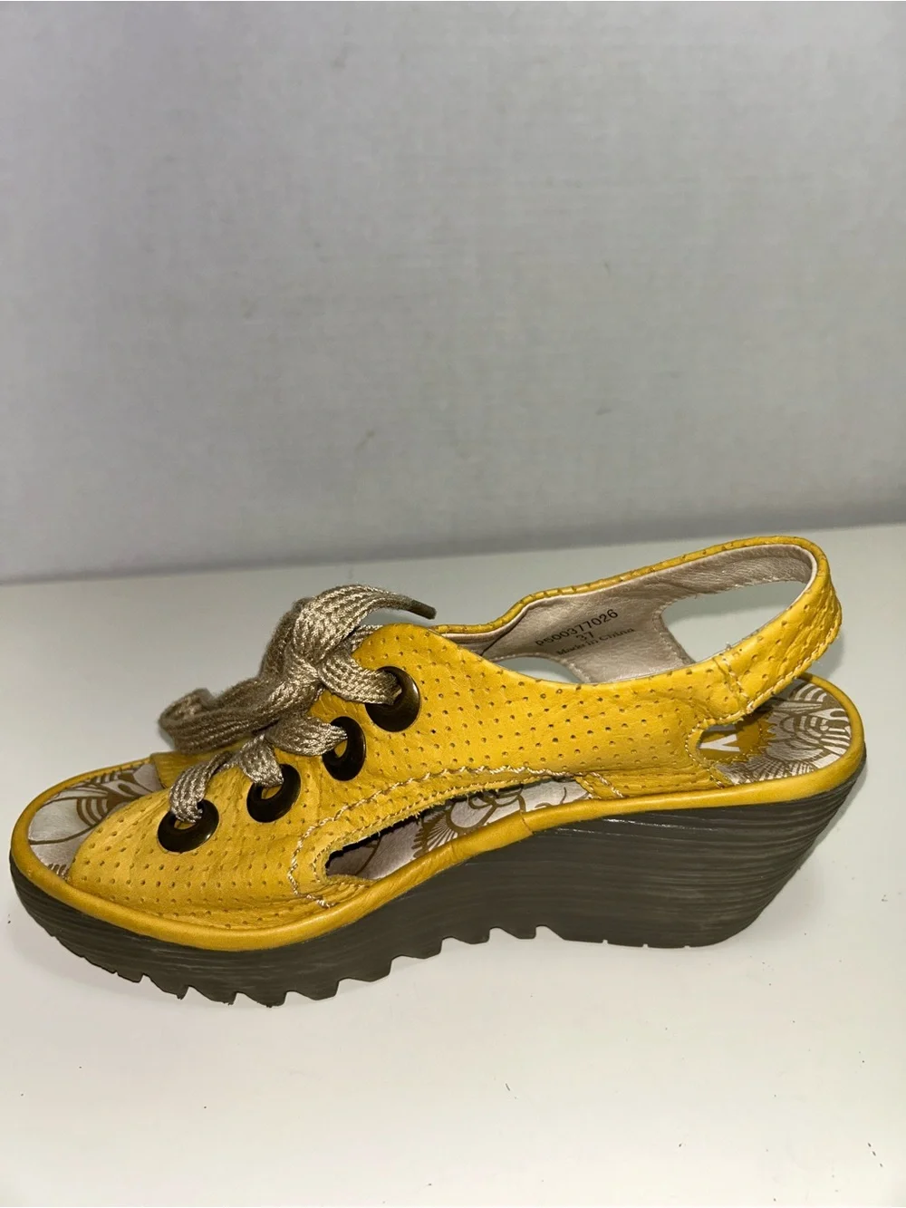 Fly London Ylva Yellow Perforated Leather Peep Toe Lace-Up Wedge Heel Sandal